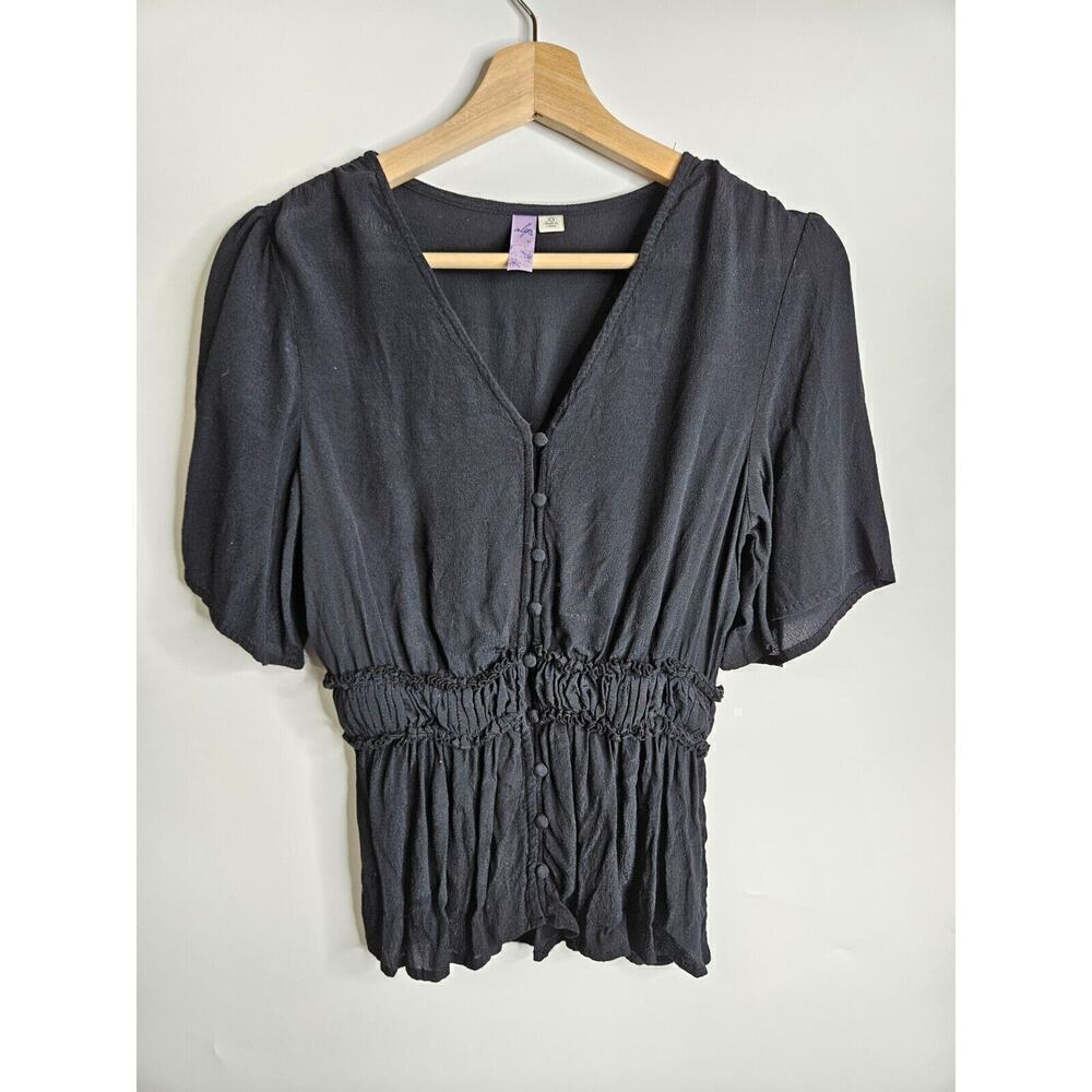 Francescas Alya Top 100% Viscose Smocked Waist Button Up Shirt Blouse XS Black
